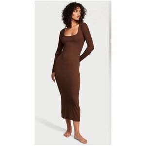 VICTORIA'S SECRET Ribbed Modal Long-Sleeve Slip Dress Sz Medium NWT Brown Mousse